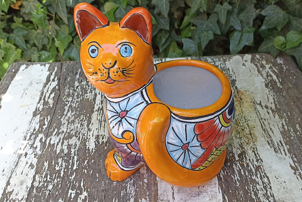 Talavera Cat Flower Pot, Ceramic Planter Home Decor, Indoor Outdoor Planter Pot, Mexican Pottery Yard & Garden Decor, Handmade