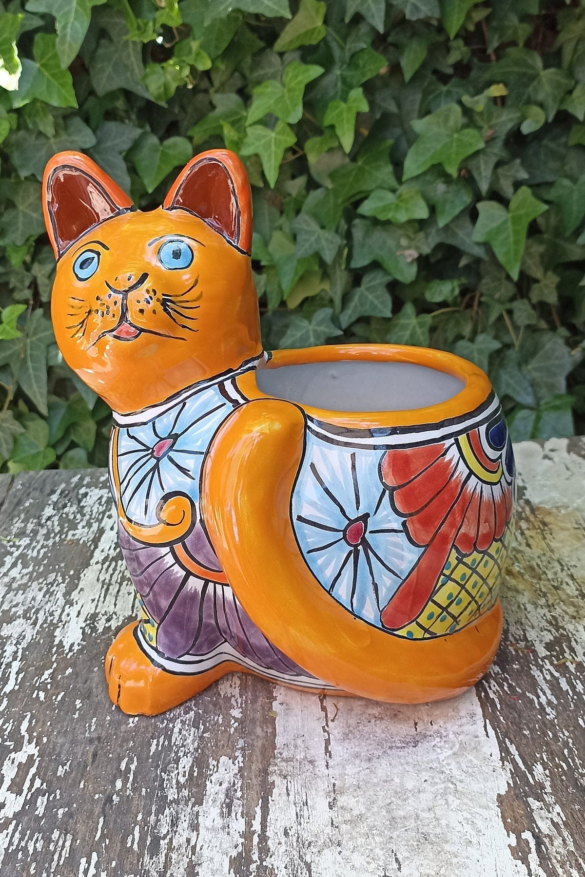 Talavera Cat Flower Pot, Ceramic Planter Home Decor, Indoor Outdoor Planter Pot, Mexican Pottery Yard & Garden Decor, Handmade