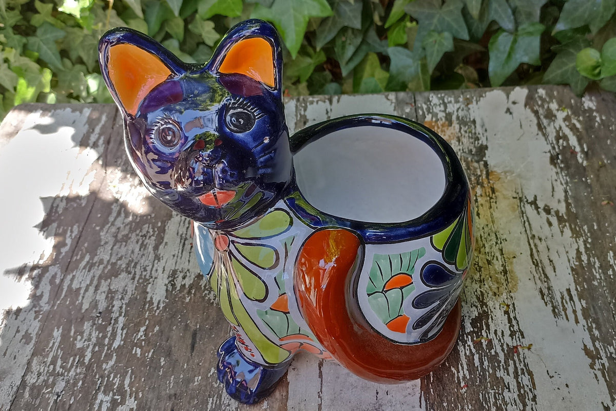 Talavera Cat Flower Pot, Ceramic Planter Home Decor, Indoor Outdoor Planter Pot, Mexican Pottery Yard & Garden Decor, Handmade