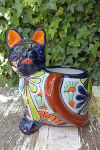 Talavera Cat Flower Pot, Ceramic Planter Home Decor, Indoor Outdoor Planter Pot, Mexican Pottery Yard & Garden Decor, Handmade