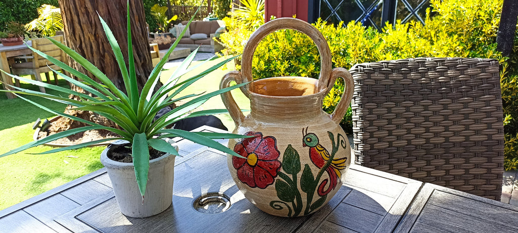 Planter Pot with Handles, Ceramic Flower Pot, Handmade Mexican Pottery from Atzompa, Mexico, Indoor Outdoor Home Decor, Charming Plant Pot