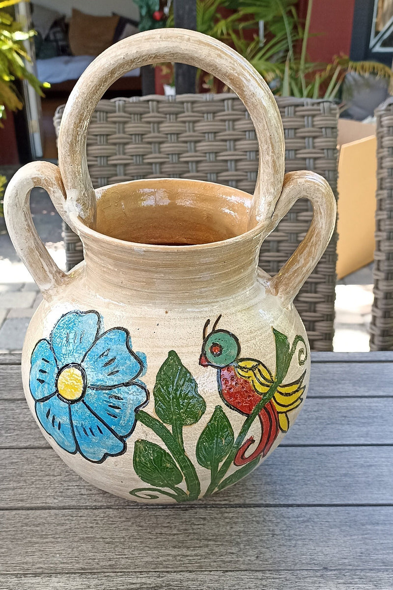 Planter Pot with Handles, Ceramic Flower Pot, Handmade Mexican Pottery from Atzompa, Mexico, Indoor Outdoor Home Decor, Charming Plant Pot