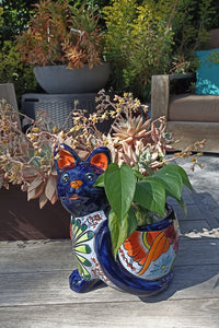 Talavera Cat Flower Pot, Ceramic Planter Home Decor, Indoor Outdoor Planter Pot, Mexican Pottery Yard & Garden Decor, Handmade