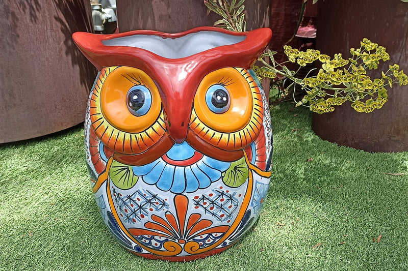 Gorgeous 14" Owl Flower Pot, Talavera Ceramic Planter, Handmade Pottery, Outdoor Garden Decor, Indoor Home Decor, Unique Gift for Birders