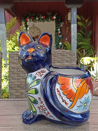 Talavera Cat Flower Pot, Ceramic Planter Home Decor, Indoor Outdoor Planter Pot, Mexican Pottery Yard & Garden Decor, Handmade
