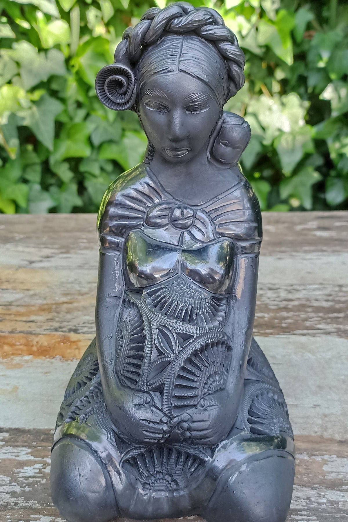 Pregnant Lady with Braided Hair Home Decor, Stunning Barro Negro Black Clay Handmade Mexican Pottery from San Bartolo near Oaxaca, Mexico