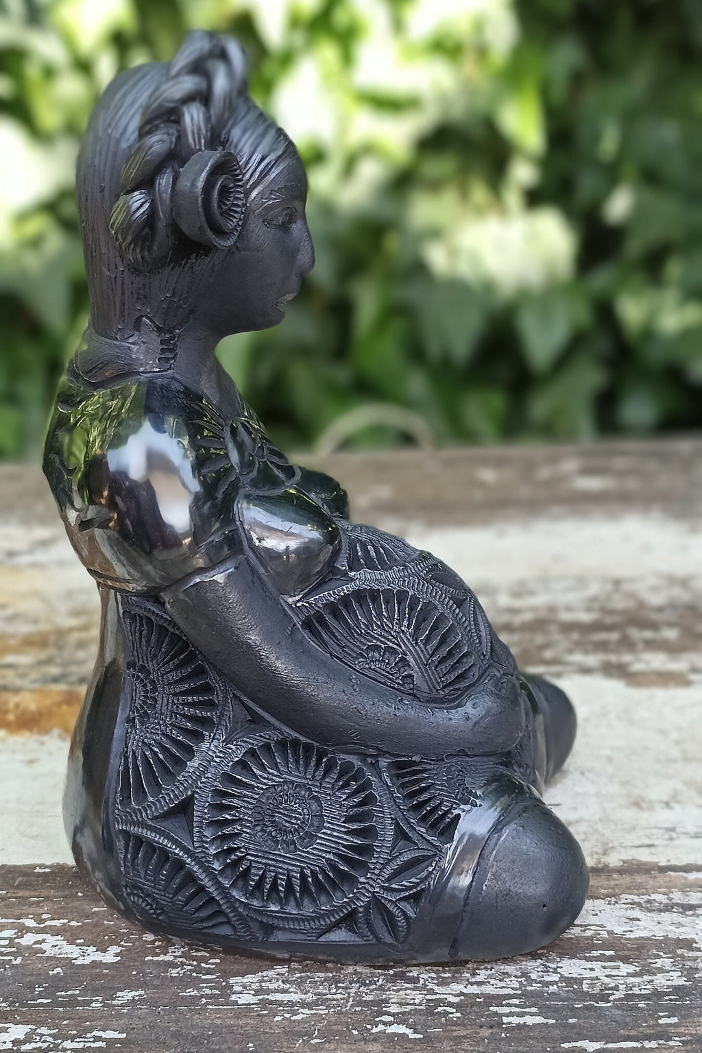 Pregnant Lady with Braided Hair Home Decor, Stunning Barro Negro Black Clay Handmade Mexican Pottery from San Bartolo near Oaxaca, Mexico