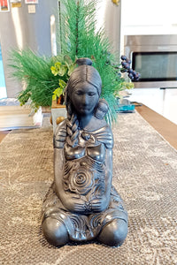 Pregnant Mom with Braided Hair Home Decor, Stunning Barro Negro Black Clay Handmade Mexican Pottery from San Bartolo near Oaxaca, Mexico