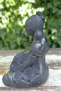 Pregnant Mom with Braided Hair Home Decor, Stunning Barro Negro Black Clay Handmade Mexican Pottery from San Bartolo near Oaxaca, Mexico