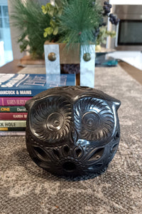 Owl Luminary Votive Candle Cover, Barro Negro, Black Clay, Handmade Mexican Pottery from San Bartolo near Oaxaca, Mexico