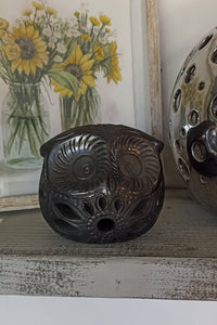 Owl Luminary Votive Candle Cover, Barro Negro, Black Clay, Handmade Mexican Pottery from San Bartolo near Oaxaca, Mexico