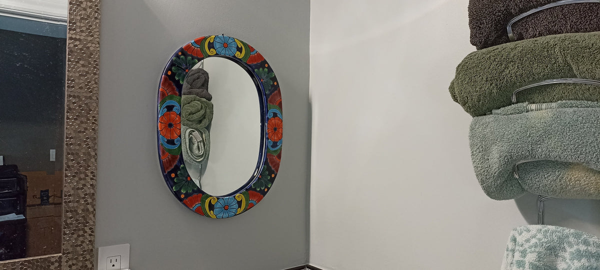 Bathroom Mirror, Talavera Wall Decor, Vanity Mirror, Oval Decorative Mirror, Ceramic Mirror Can Hang Vertically or Horizontally