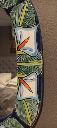 Bathroom Mirror, Talavera Wall Decor, Lillies Vanity Mirror, Oval Decorative Mirror, Ceramic Mirror Can Hang Vertically or Horizontally