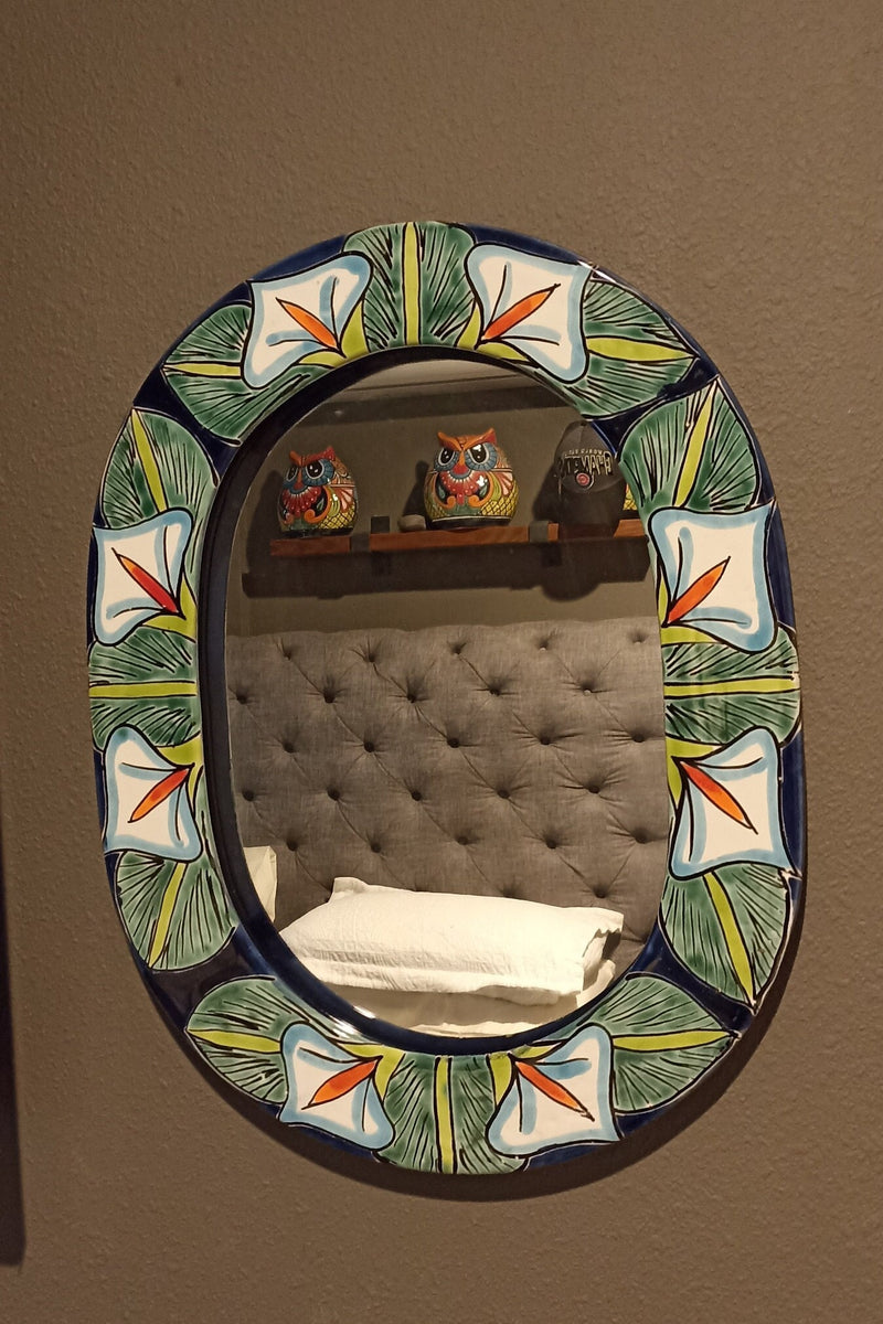 Bathroom Mirror, Talavera Wall Decor, Lillies Vanity Mirror, Oval Decorative Mirror, Ceramic Mirror Can Hang Vertically or Horizontally