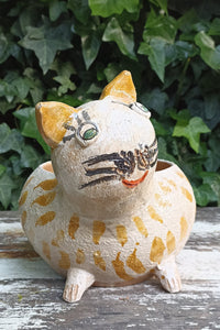 Ceramic Cat Planter, Flower Pot, Handmade Mexican Pottery from Atzompa, Mexico, Home Decor, Indoor or Outdoor Decor, Charming Plant Pot