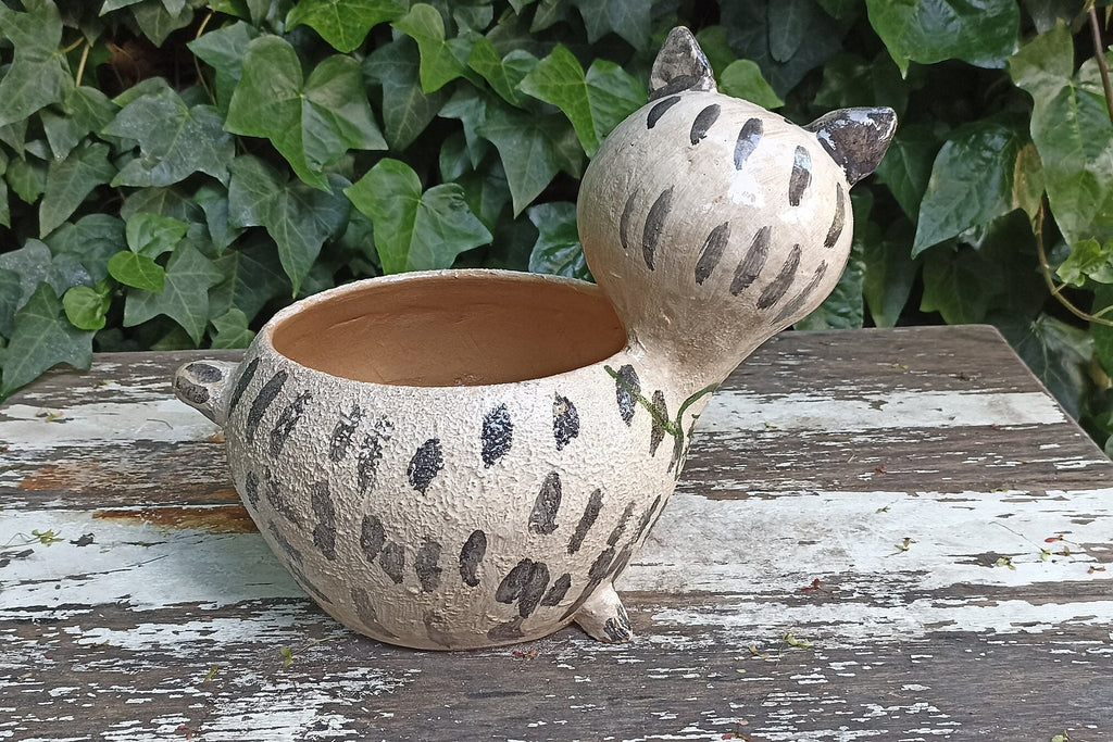 Ceramic Cat Planter, Flower Pot, Handmade Mexican Pottery from Atzompa, Mexico for Home Decor, Indoor or Outdoor Decor, Charming Plant Pot