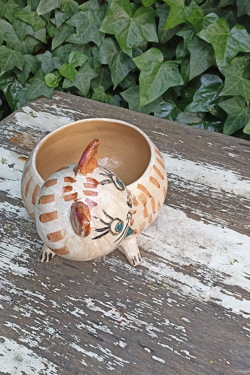 Ceramic Cat Planter, Flower Pot, Handmade Mexican Pottery from Atzompa, Mexico, Home Decor, Indoor or Outdoor Decor, Charming Plant Pot