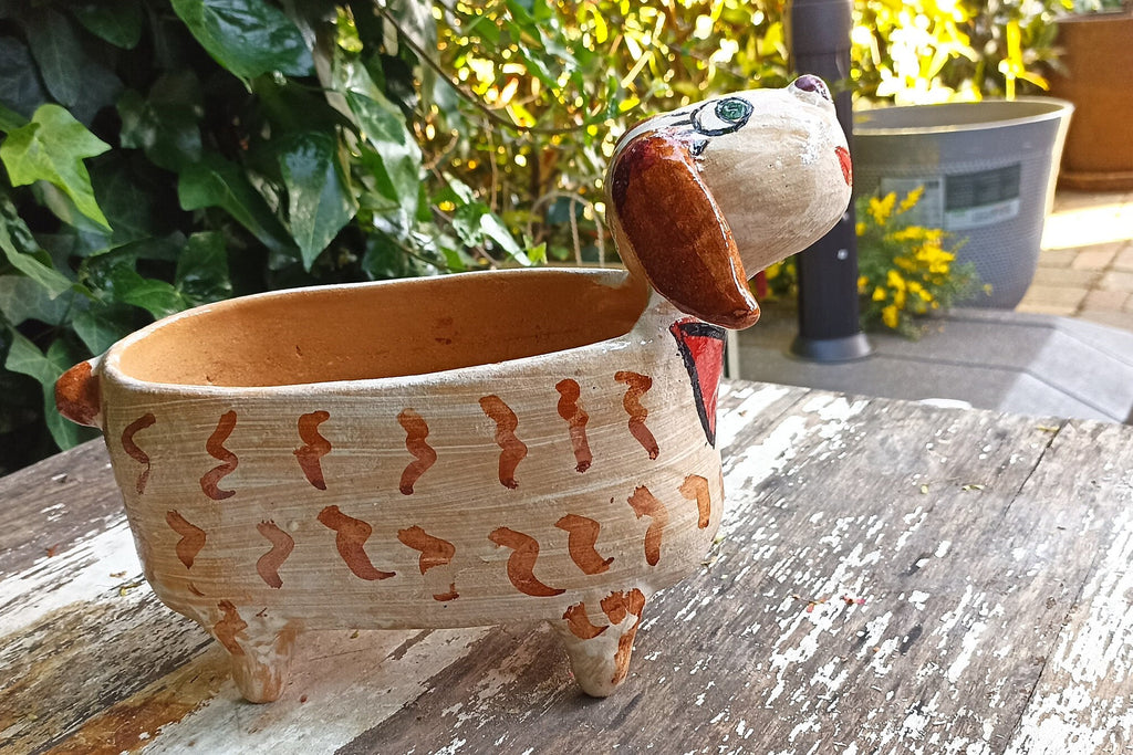 Ceramic Dog Planter, Flower Pot, Handmade Mexican Pottery from Atzompa, Mexico, Home Decor, Indoor or Outdoor Decor, Charming Plant Pot