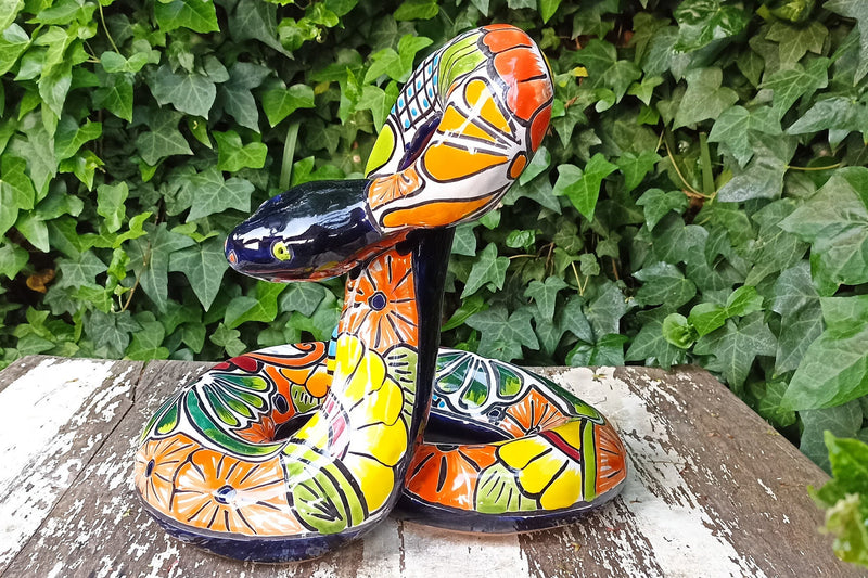 Talavera Rattlesnake, Ceramic Rattlesnake Figurine, Rattlesnake Gifts, Garden Statue, Talavera Pottery, Handmade, Hand Painted in Mexico