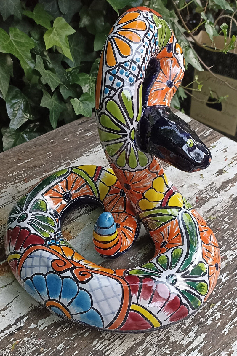 Talavera Rattlesnake, Ceramic Rattlesnake Figurine, Rattlesnake Gifts, Garden Statue, Talavera Pottery, Handmade, Hand Painted in Mexico