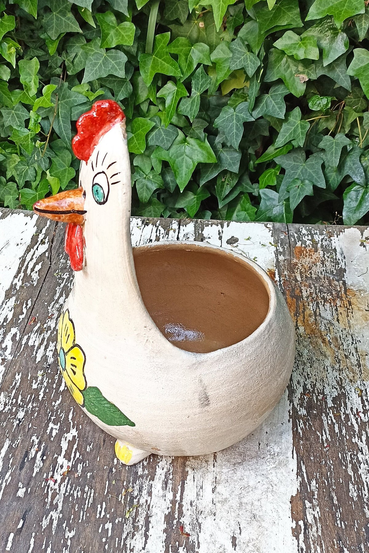 Ceramic Chicken Planter, Flower Pot, Handmade Mexican Pottery from Atzompa, Mexico, Home Decor, Indoor or Outdoor Decor, Charming Plant Pot