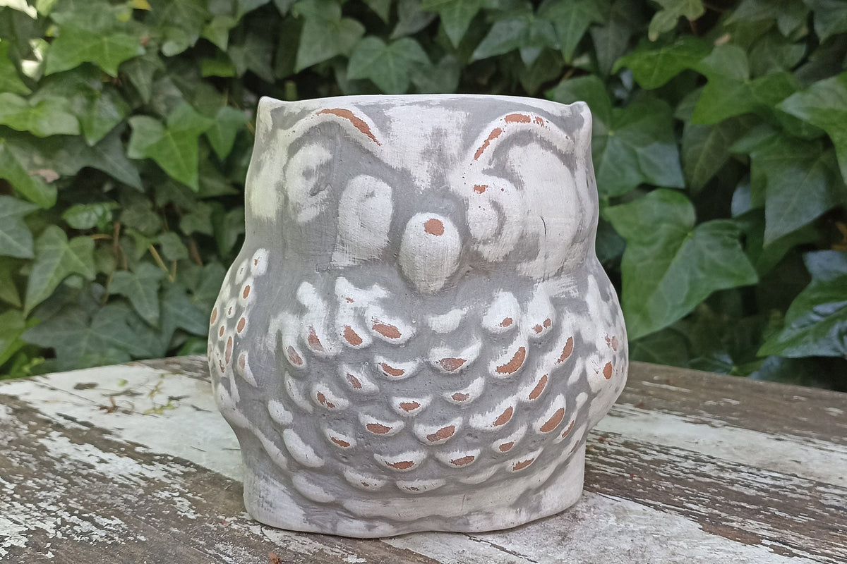Owl Planter Pot Clay Flower Pot Handmade Mexican Pottery, Owl Gifts, Indoor or Outdoor Planter, Small Gray Owl Decoration