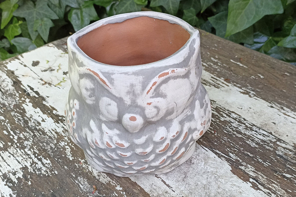 Owl Planter Pot Clay Flower Pot Handmade Mexican Pottery, Owl Gifts, Indoor or Outdoor Planter, Small Gray Owl Decoration