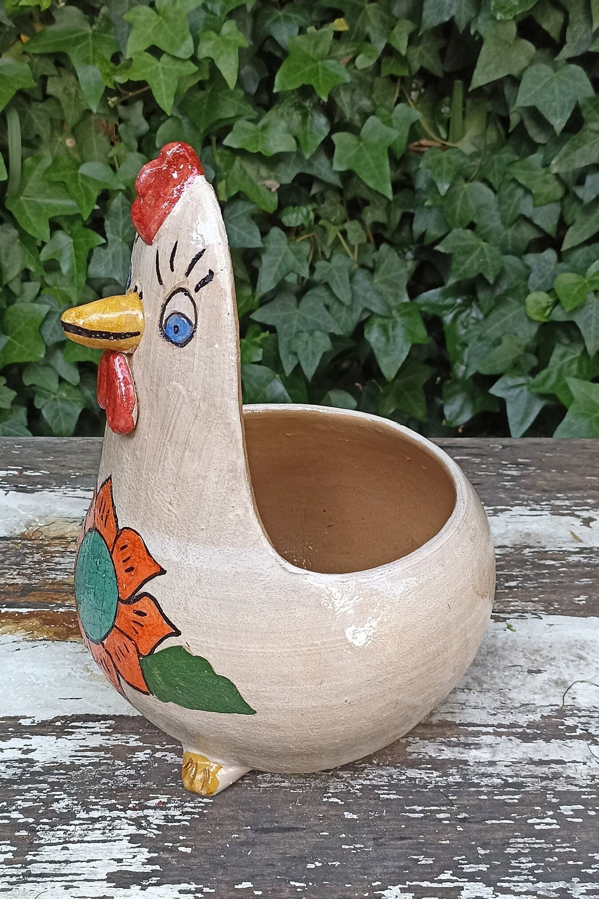 Ceramic Chicken Planter, Flower Pot, Handmade Mexican Pottery from Atzompa, Mexico, Home Decor, Indoor or Outdoor Decor, Charming Plant Pot