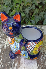 Talavera Cat Flower Pot, Ceramic Planter Home Decor, Indoor Outdoor Planter Pot, Mexican Pottery Yard & Garden Decor, Handmade