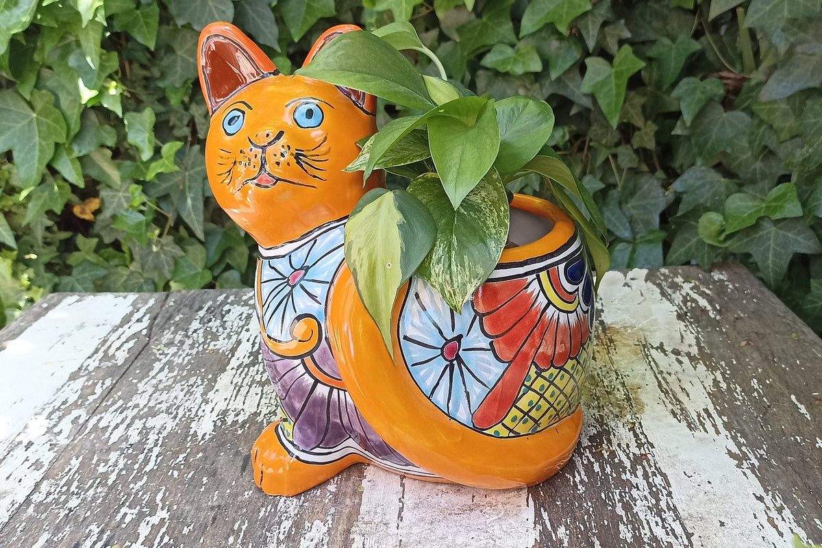 Talavera Cat Flower Pot, Ceramic Planter Home Decor, Indoor Outdoor Planter Pot, Mexican Pottery Yard & Garden Decor, Handmade