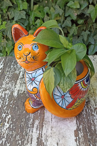 Talavera Cat Flower Pot, Ceramic Planter Home Decor, Indoor Outdoor Planter Pot, Mexican Pottery Yard & Garden Decor, Handmade