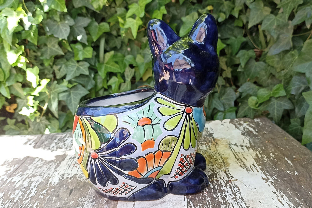 Talavera Cat Flower Pot, Ceramic Planter Home Decor, Indoor Outdoor Planter Pot, Mexican Pottery Yard & Garden Decor, Handmade