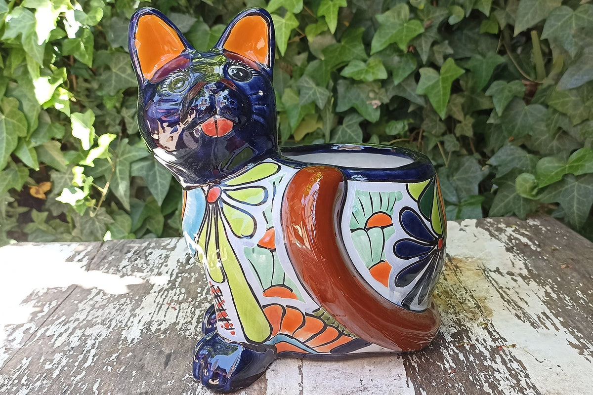 Talavera Cat Flower Pot, Ceramic Planter Home Decor, Indoor Outdoor Planter Pot, Mexican Pottery Yard & Garden Decor, Handmade
