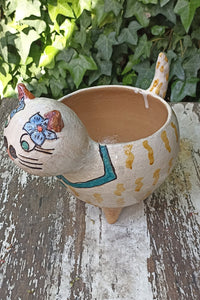 Ceramic Cat Planter, Flower Pot, Handmade Mexican Pottery from Atzompa, Mexico, Home Decor, Indoor or Outdoor Decor, Charming Plant Pot