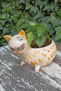 Ceramic Cat Planter, Flower Pot, Handmade Mexican Pottery from Atzompa, Mexico, Home Decor, Indoor or Outdoor Decor, Charming Plant Pot