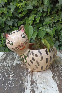 Ceramic Cat Planter, Flower Pot, Handmade Mexican Pottery from Atzompa, Mexico for Home Decor, Indoor or Outdoor Decor, Charming Plant Pot