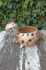 Ceramic Cat Planter, Flower Pot, Handmade Mexican Pottery from Atzompa, Mexico, Home Decor, Indoor or Outdoor Decor, Charming Plant Pot