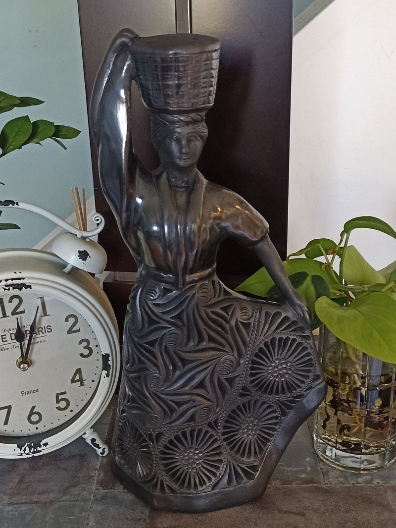 Lady Carrying a Basket Home Decor, Stunning Barro Negro Black Clay Handmade Mexican Pottery from San Bartolo near Oaxaca, Mexico