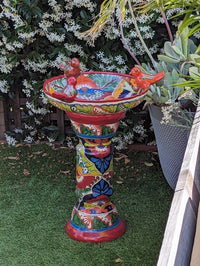Bird Bath Garden Decor, Talavera Pottery, Handmade Mexican Pedestal & Basin for Birds Doubles as Stunning Yard Art, Gorgeous Outdoor Decor