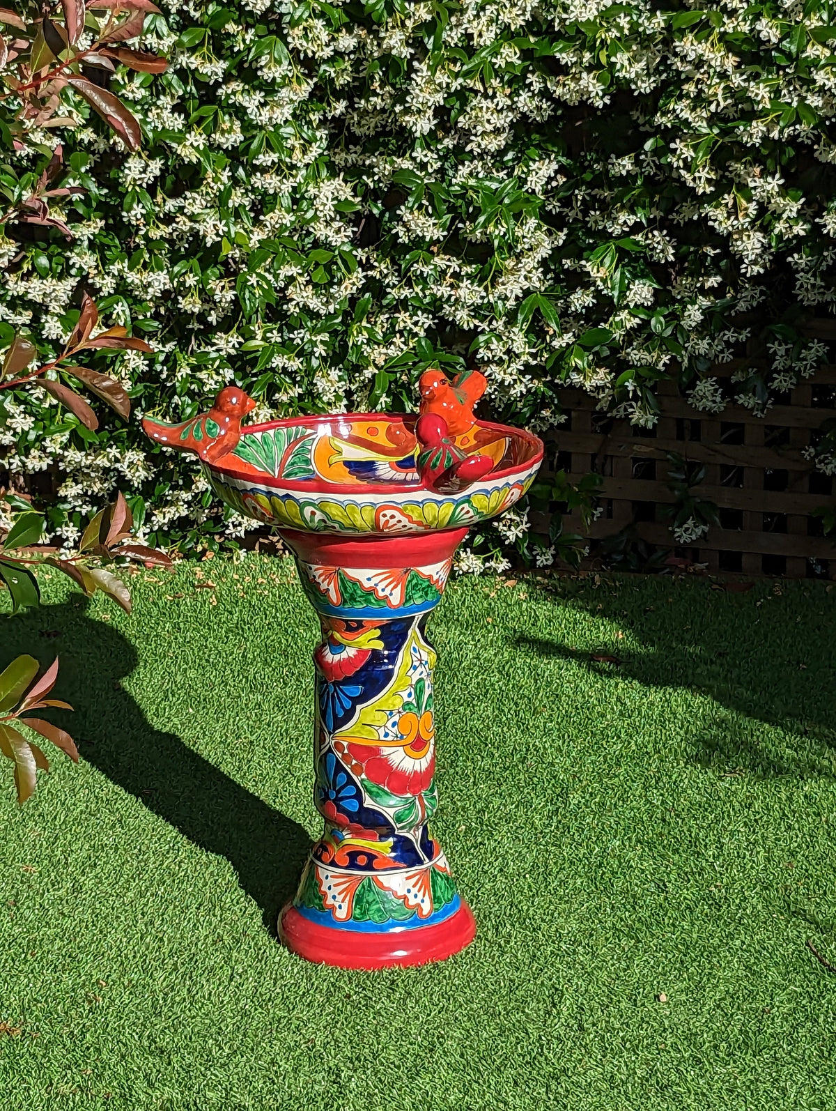 Bird Bath Garden Decor, Talavera Pottery, Handmade Mexican Pedestal & Basin for Birds Doubles as Stunning Yard Art, Gorgeous Outdoor Decor