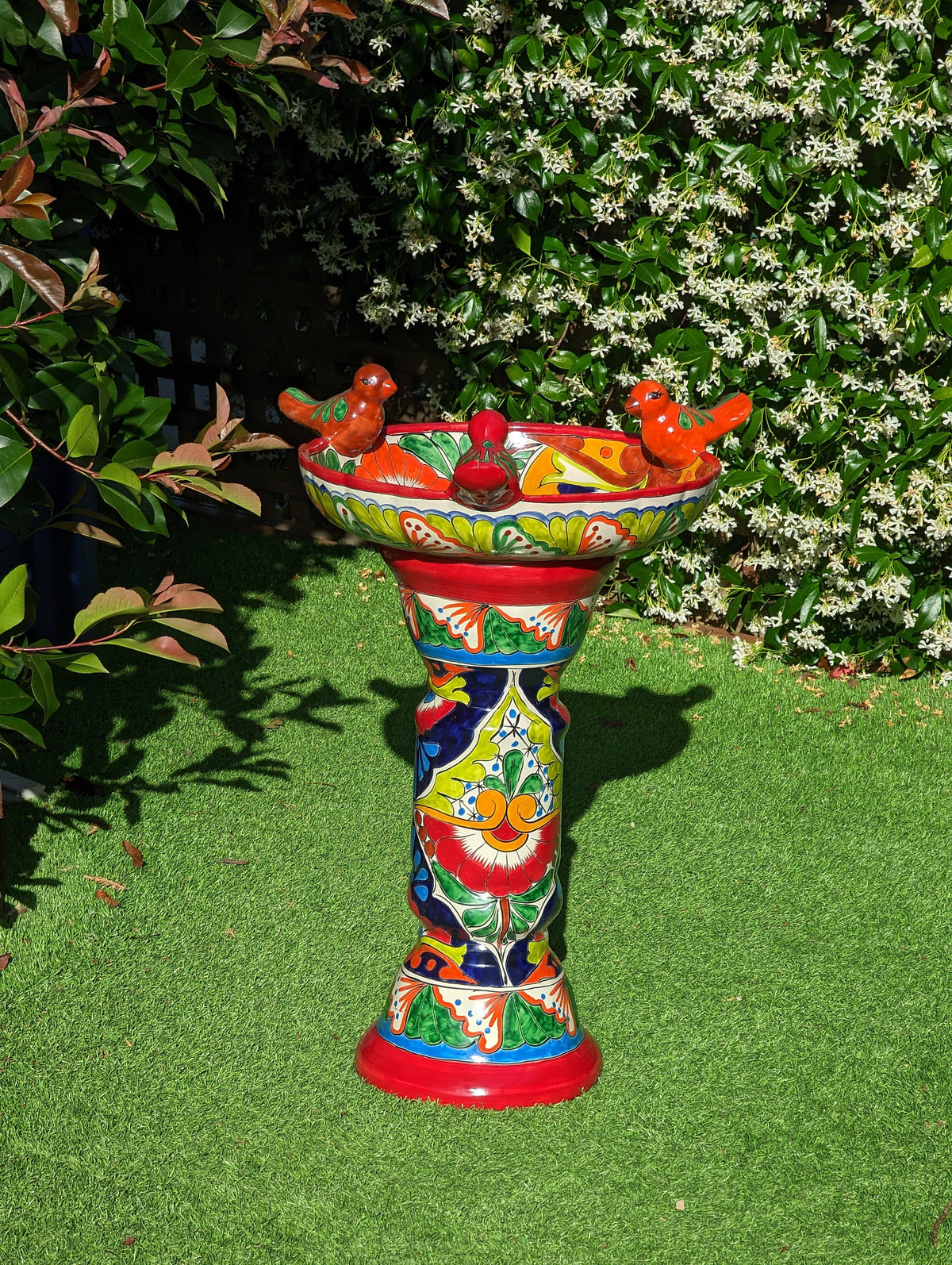 Bird Bath Garden Decor, Talavera Pottery, Handmade Mexican Pedestal & Basin for Birds Doubles as Stunning Yard Art, Gorgeous Outdoor Decor