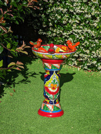 Bird Bath Garden Decor, Talavera Pottery, Handmade Mexican Pedestal & Basin for Birds Doubles as Stunning Yard Art, Gorgeous Outdoor Decor