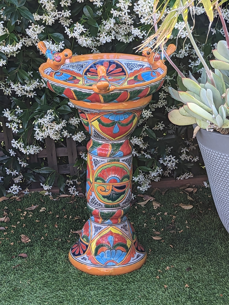 Bird Bath Garden Decor, Talavera Pottery, Handmade Mexican Pedestal & Basin for Birds Doubles as Stunning Yard Art, Gorgeous Outdoor Decor