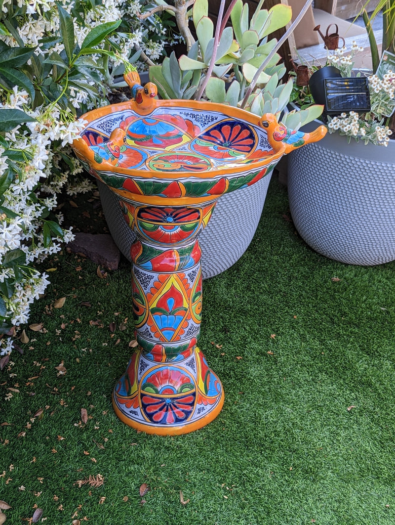 Bird Bath Garden Decor, Talavera Pottery, Handmade Mexican Pedestal & Basin for Birds Doubles as Stunning Yard Art, Gorgeous Outdoor Decor