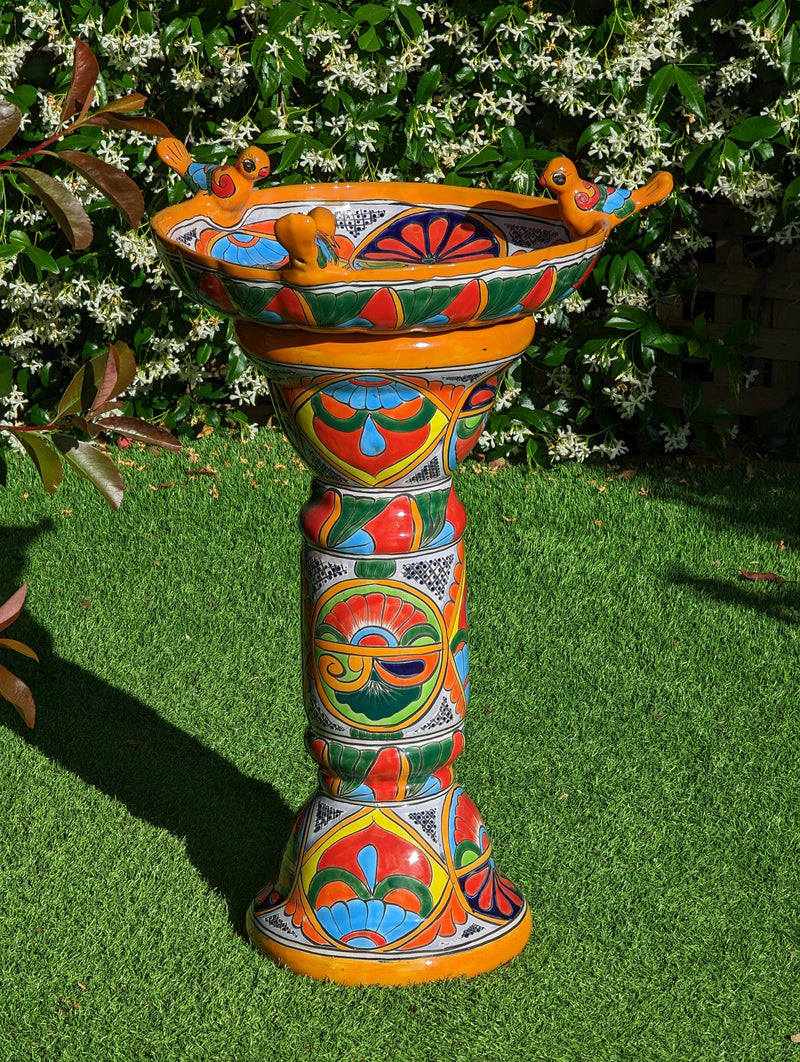 Bird Bath Garden Decor, Talavera Pottery, Handmade Mexican Pedestal & Basin for Birds Doubles as Stunning Yard Art, Gorgeous Outdoor Decor