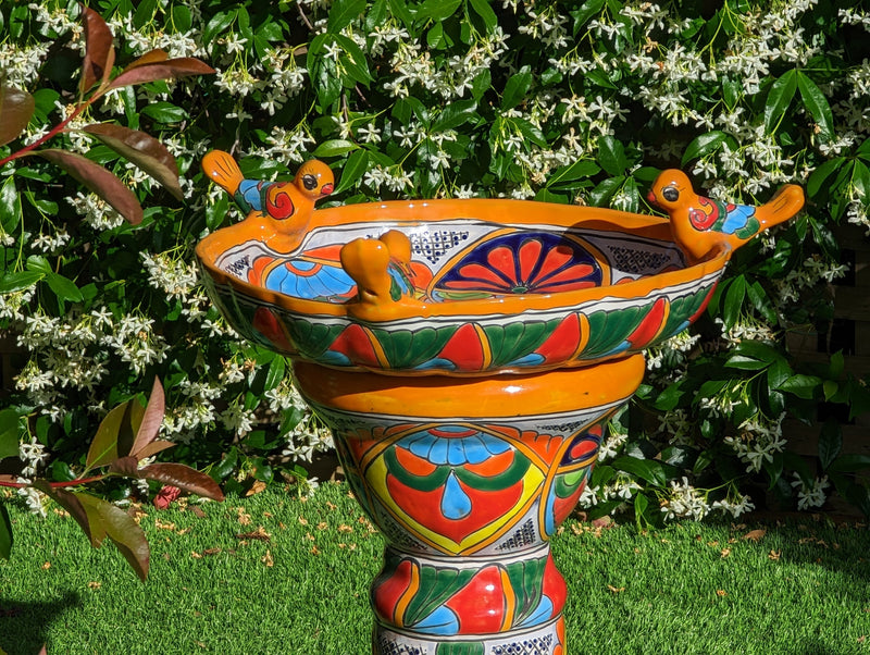 Bird Bath Garden Decor, Talavera Pottery, Handmade Mexican Pedestal & Basin for Birds Doubles as Stunning Yard Art, Gorgeous Outdoor Decor