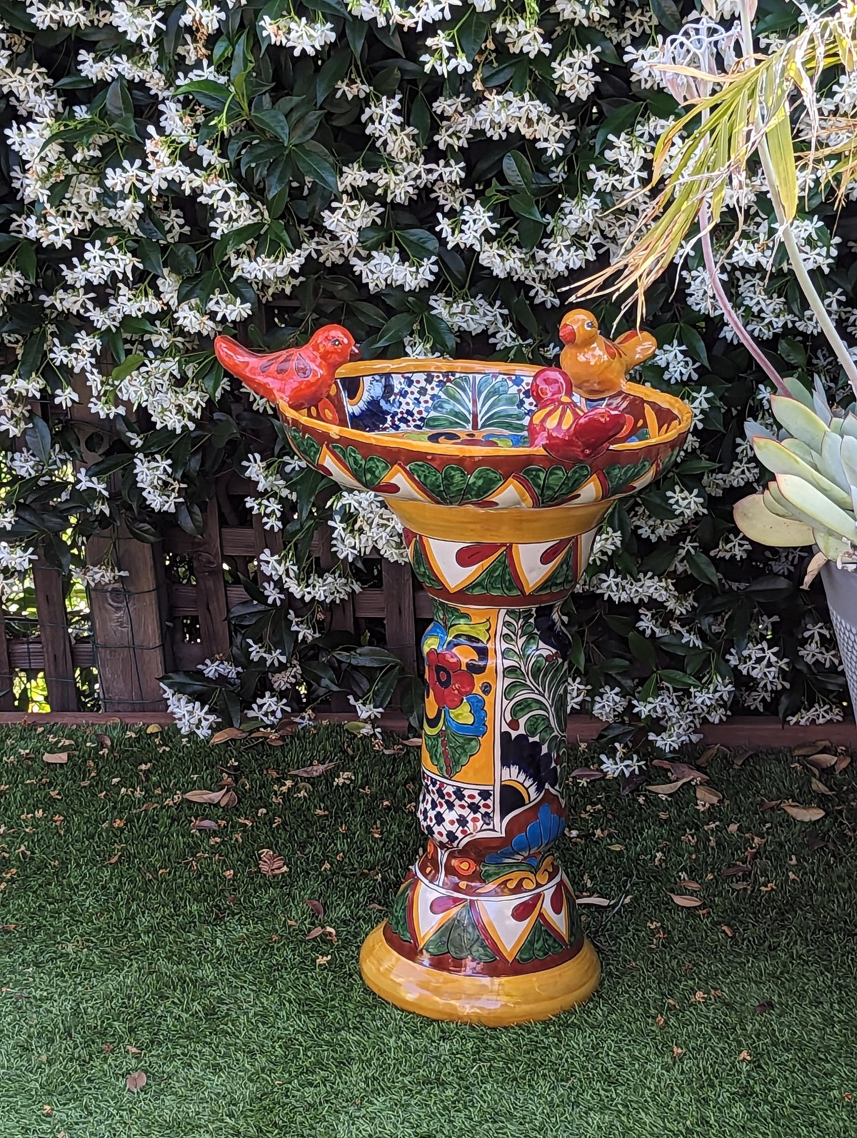 Bird Bath Garden Decor, Talavera Pottery, Handmade Mexican Pedestal & Basin for Birds Doubles as Stunning Yard Art, Gorgeous Outdoor Decor