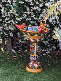Bird Bath Garden Decor, Talavera Pottery, Handmade Mexican Pedestal & Basin for Birds Doubles as Stunning Yard Art, Gorgeous Outdoor Decor