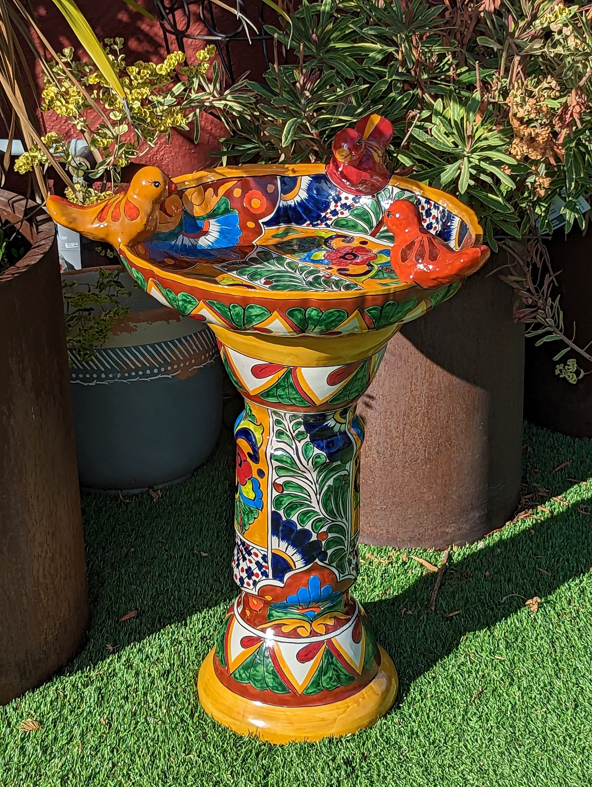 Bird Bath Garden Decor, Talavera Pottery, Handmade Mexican Pedestal & Basin for Birds Doubles as Stunning Yard Art, Gorgeous Outdoor Decor