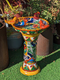 Bird Bath Garden Decor, Talavera Pottery, Handmade Mexican Pedestal & Basin for Birds Doubles as Stunning Yard Art, Gorgeous Outdoor Decor
